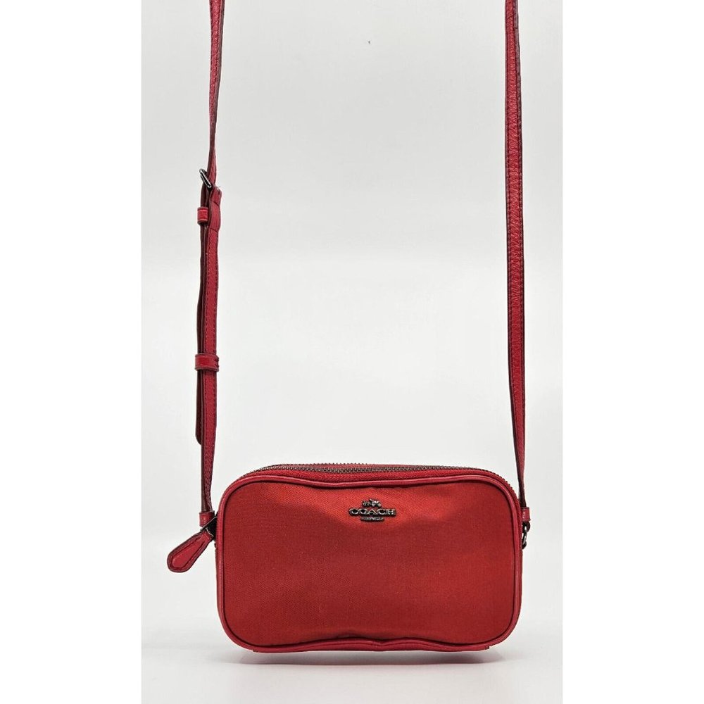 Coach Small Red Nylon Leather Double Zip Swing Crossbody Shoulder Bag Purse